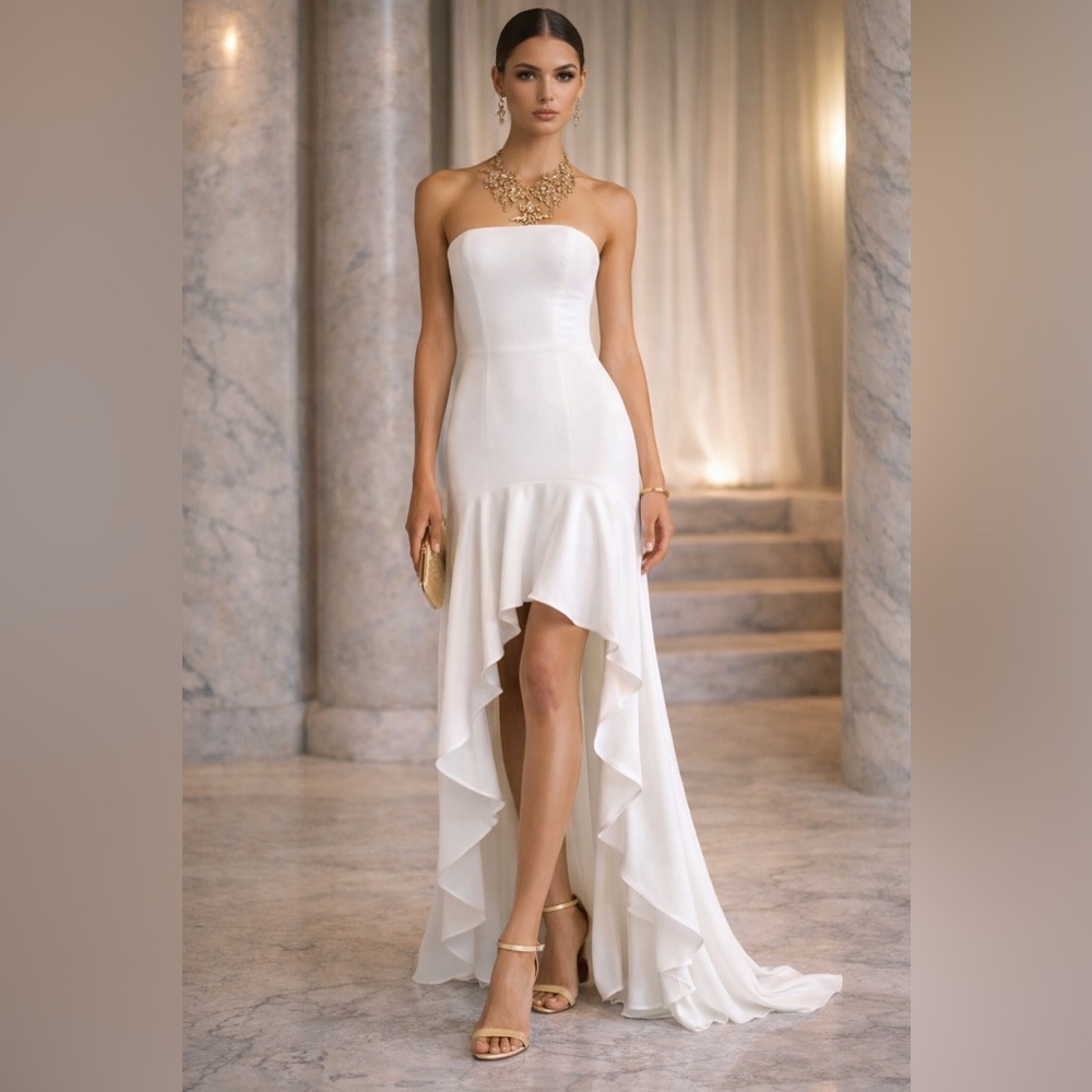 BCBG MaxAzria “Evangelina” Strapless High-Low Formal Dress – White | Size 0
